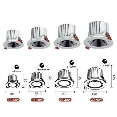 Cob 10 W 15 W 20 W LED regulável Downlight Antirreflexo Iluminação embutida sem moldura